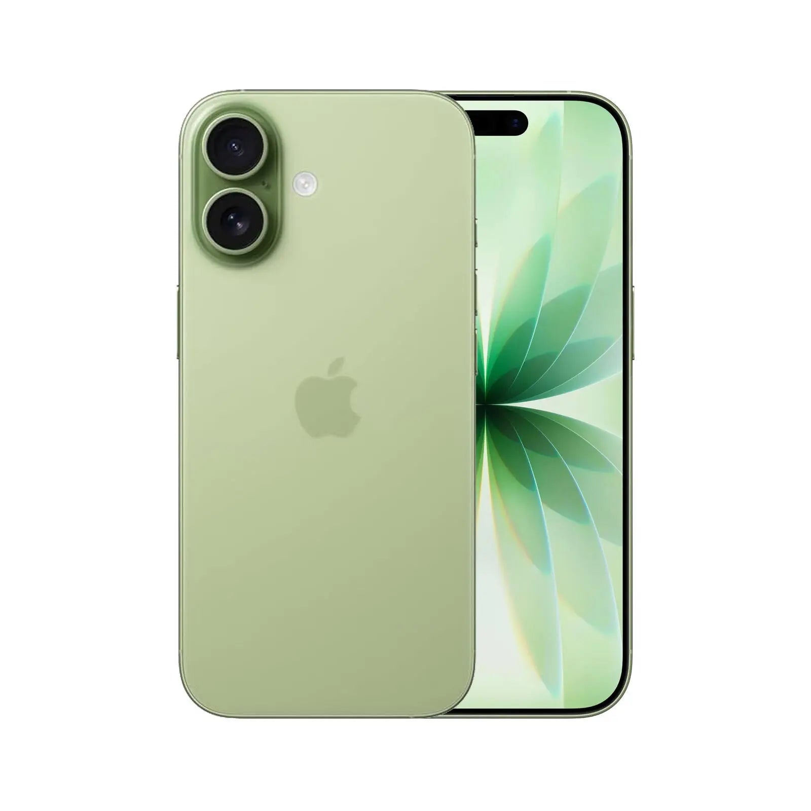 iPhone 17 (Refurbished) in Sage color showcasing front and back design with green floral background.