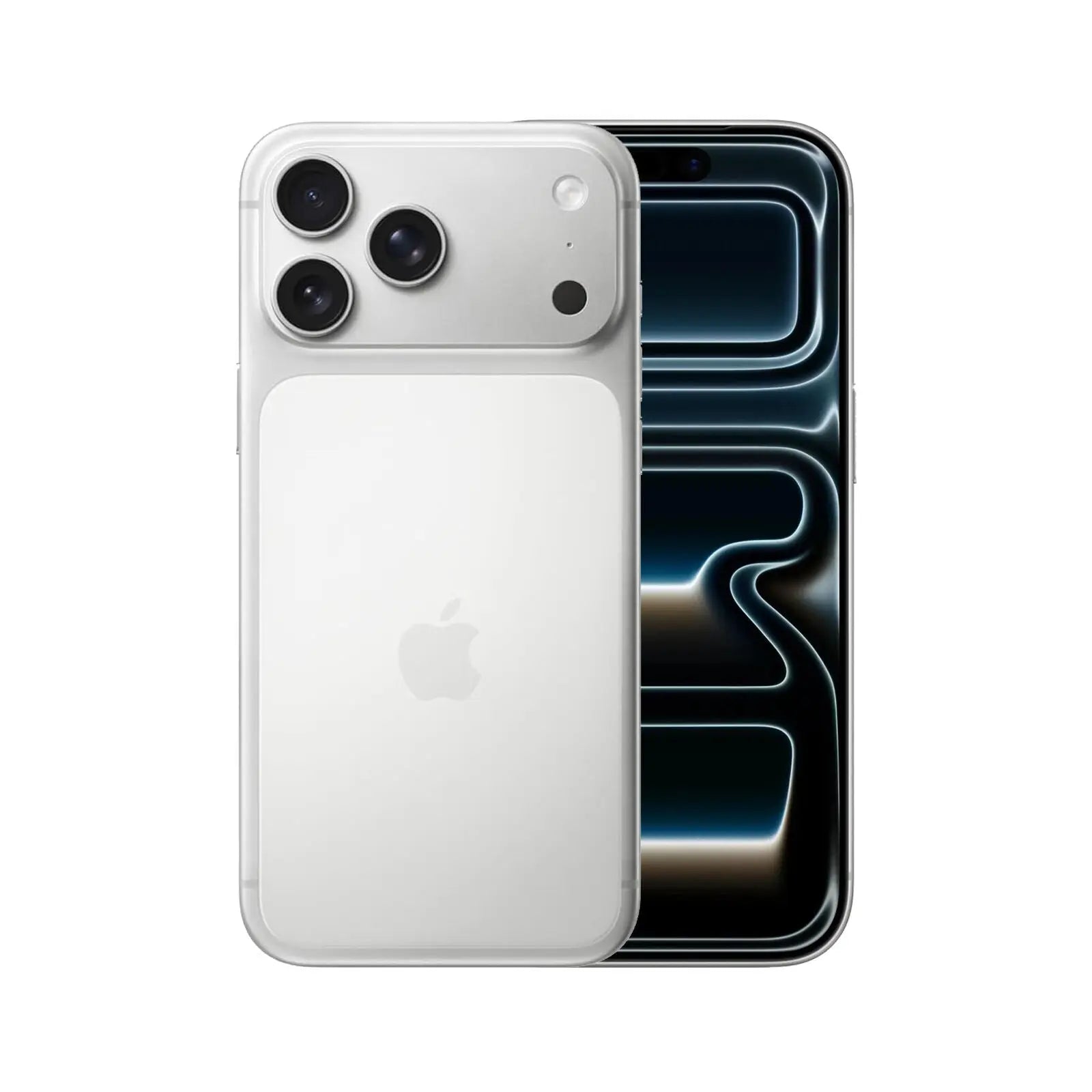 iPhone 17 Pro Max (Brand New) - Front and back view with a sleek white design and three camera lenses.