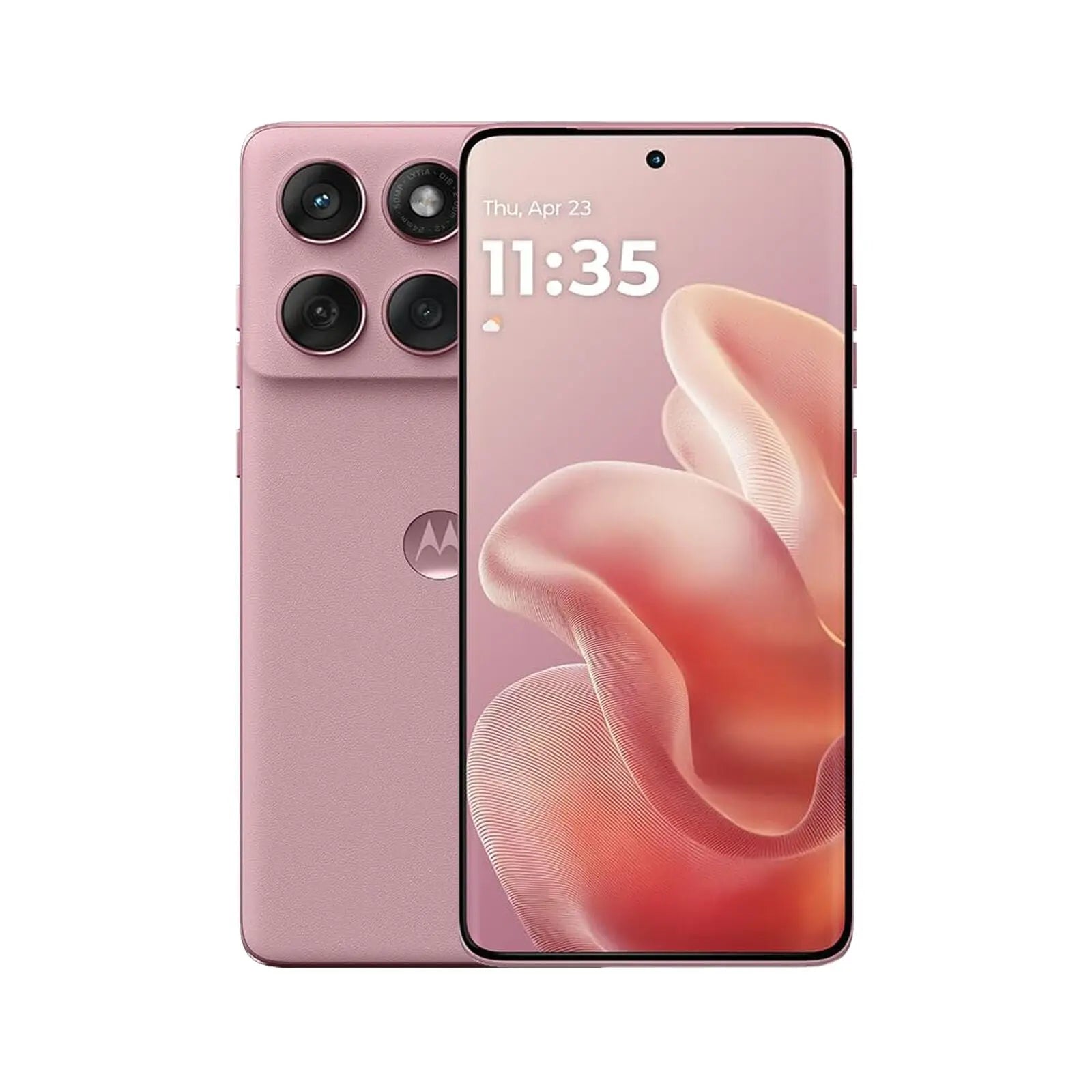 Edge 60 Fusion 5G Smartphone (Refurbished) in pink showing front and back design with three cameras.