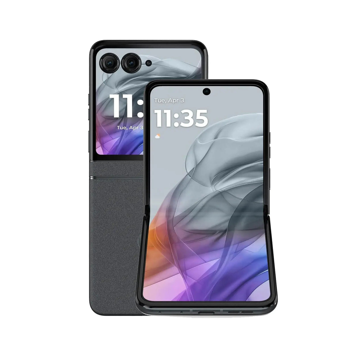Razr 50 5G Flip (Refurbished) shown from front and back with unique design and display features.