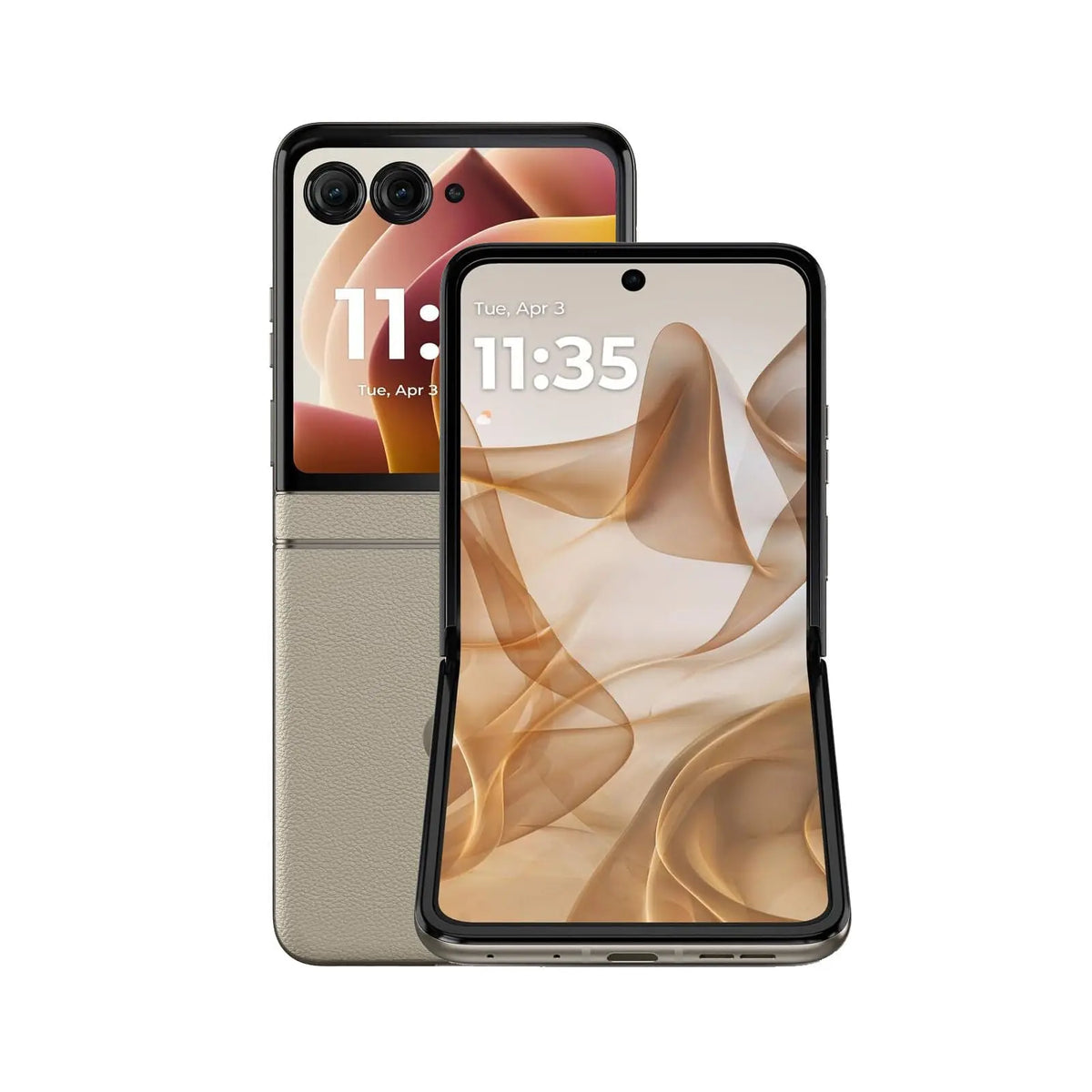 Razr 50 5G Flip (Refurbished) mobile phone showcasing front and back designs in Koala Grey and innovative folding technology.