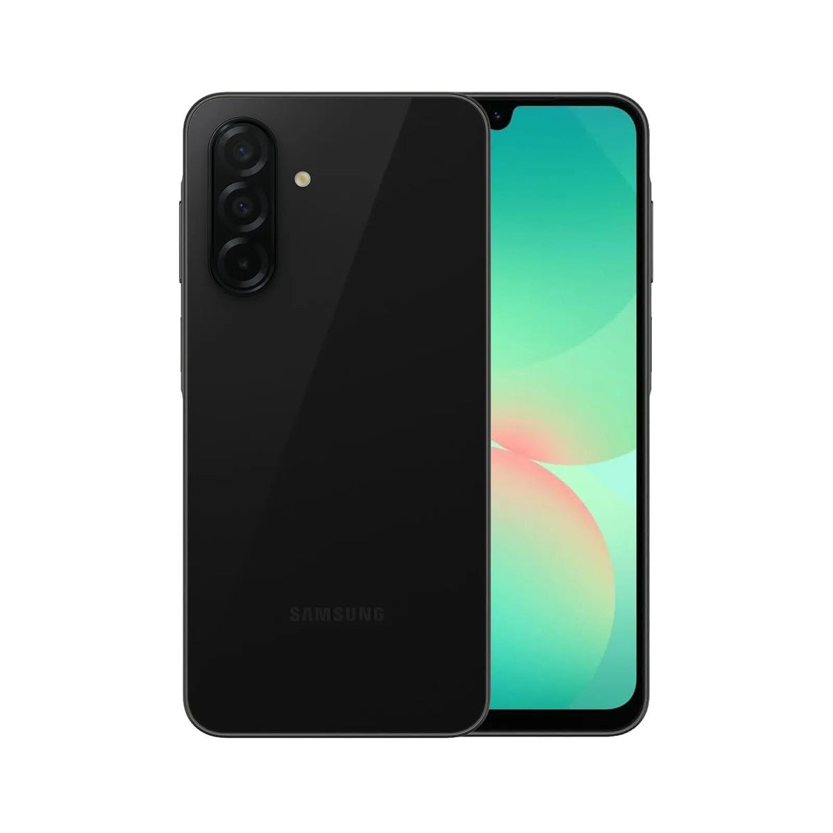 Galaxy A26 5G (Refurbished) smartphone front and back view, featuring black color and sleek design.