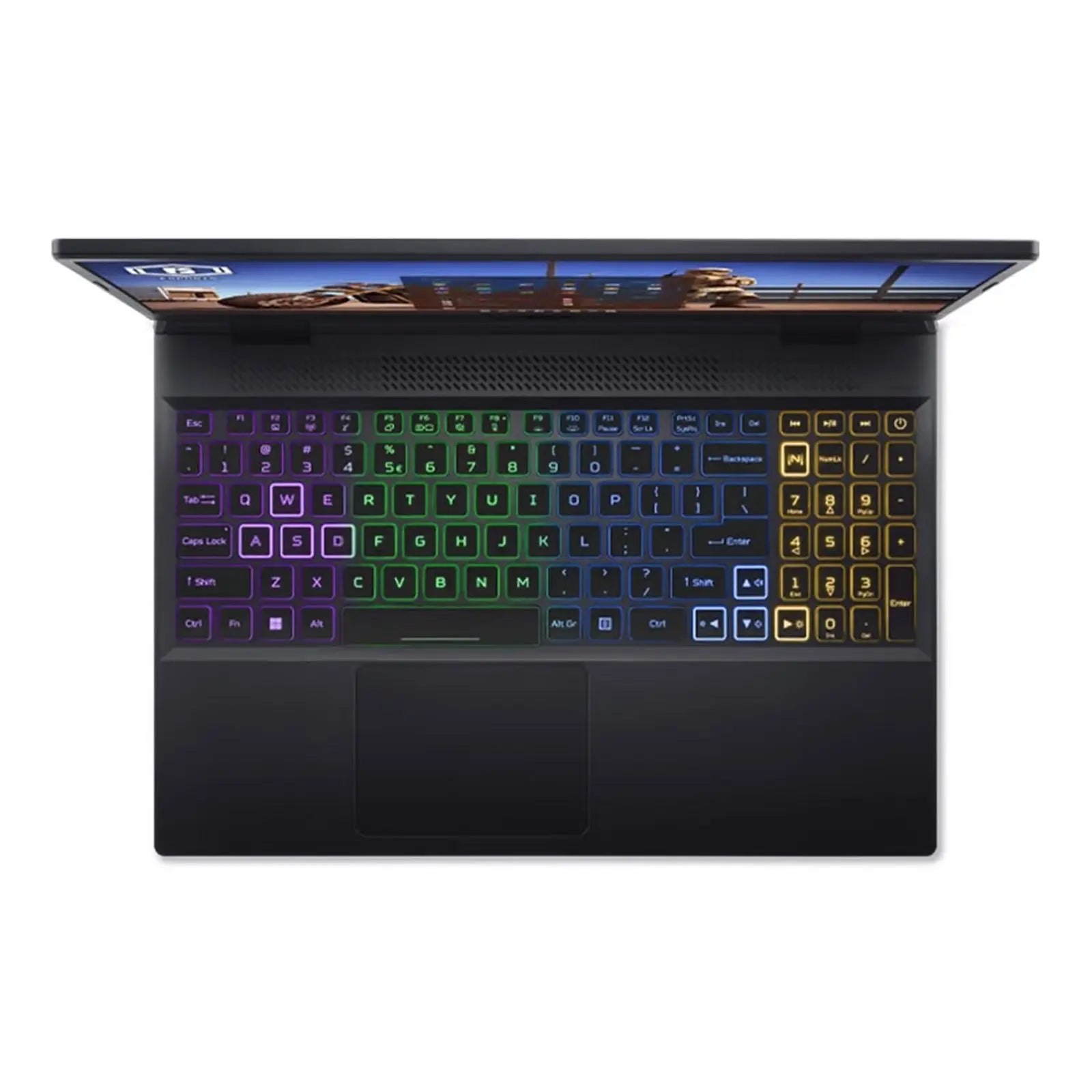 Nitro 5 15.6" FHD 144Hz Gaming Laptop i7-12700H 16GB 512GB RTX3050 W11H Obsidian Black (Refurbished) top view with RGB keyboard.