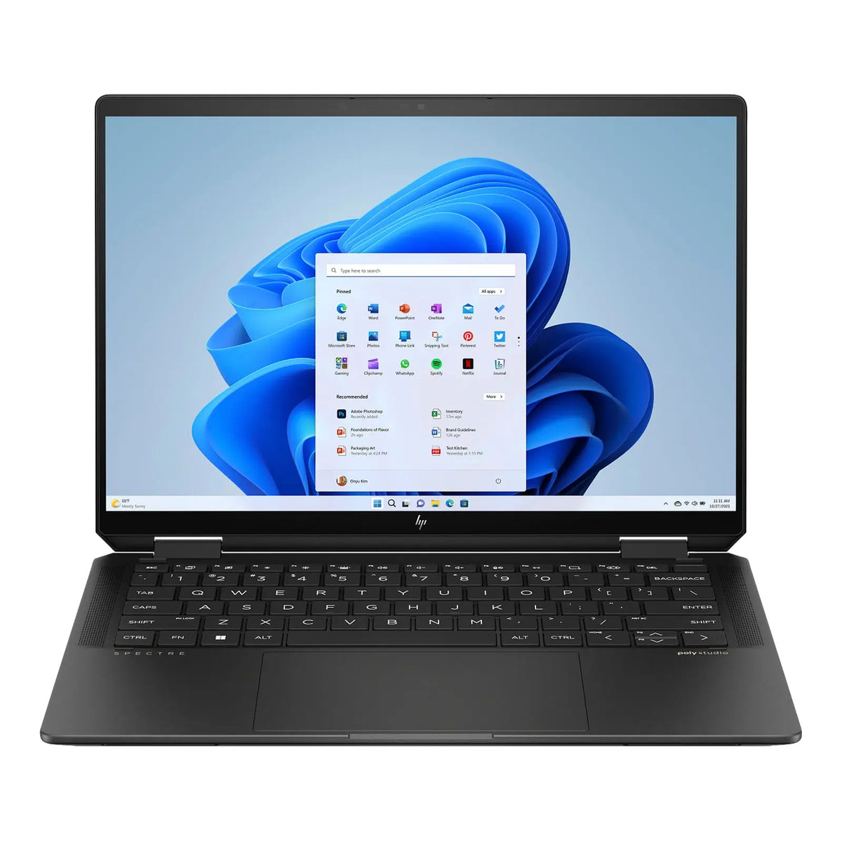 Spectre x360 14" 2.8K OLED 120Hz 2-in-1 Laptop U7-155H 32GB 1TB W11H Touch Nightfall Black (Refurbished) display open with Windows interface.