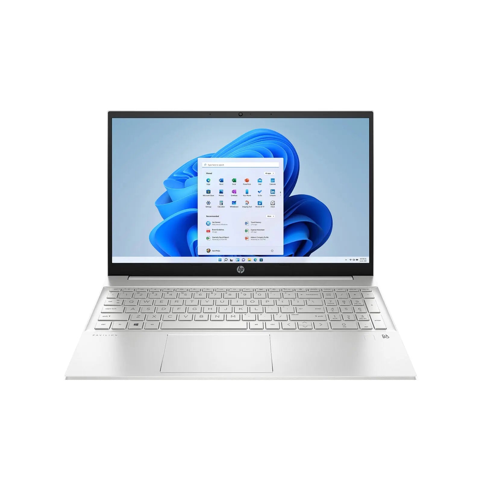 Pavilion 15.6" FHD Laptop R7-5825U 16GB 1TB W11H Natural Silver (Refurbished) front view with Windows 11 Home screen.