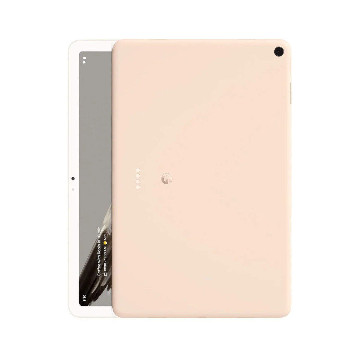 Google Pixel Tablet 2023 (Refurbished) in light pink with a white front and display on, showcasing its sleek design.