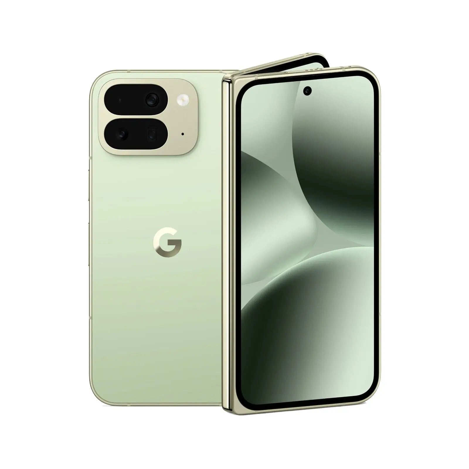 Pixel 10 Pro Fold (Refurbished) smartphone open with green design and dual camera, showcasing the unfolded display.