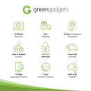Green Gadgets warranty, shipping, support, and customer service features including 12 Month Warranty and Free Shipping.