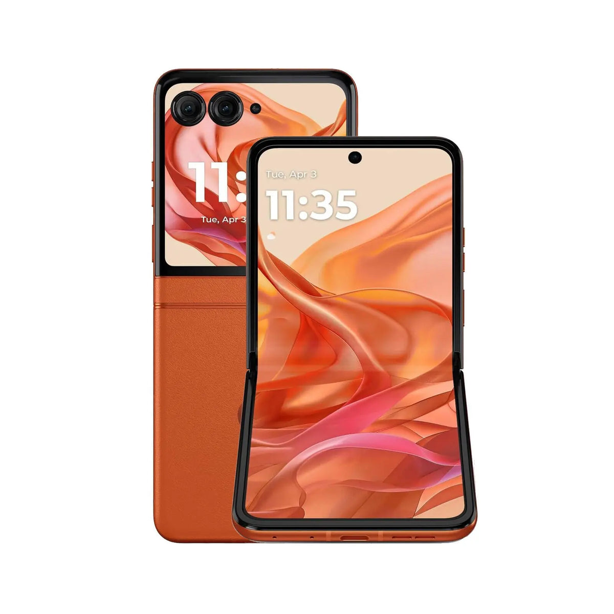 Razr 50 5G Flip (Refurbished) in Spritz Orange with dual cameras and sleek design.
